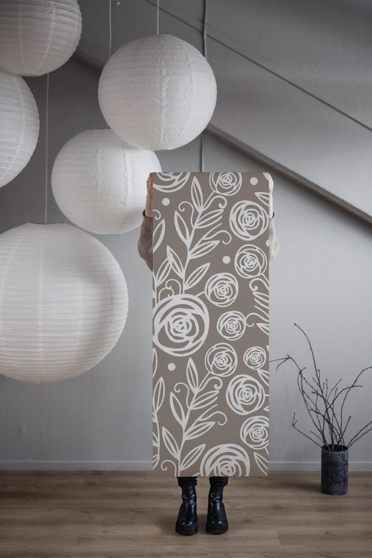 Modern White Rose Ash Taupe wallpaper roll