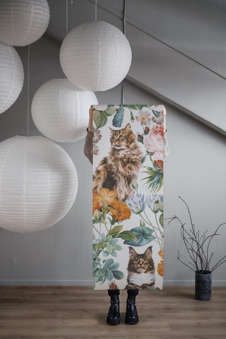Cat and Floral Pattern III wallpaper roll