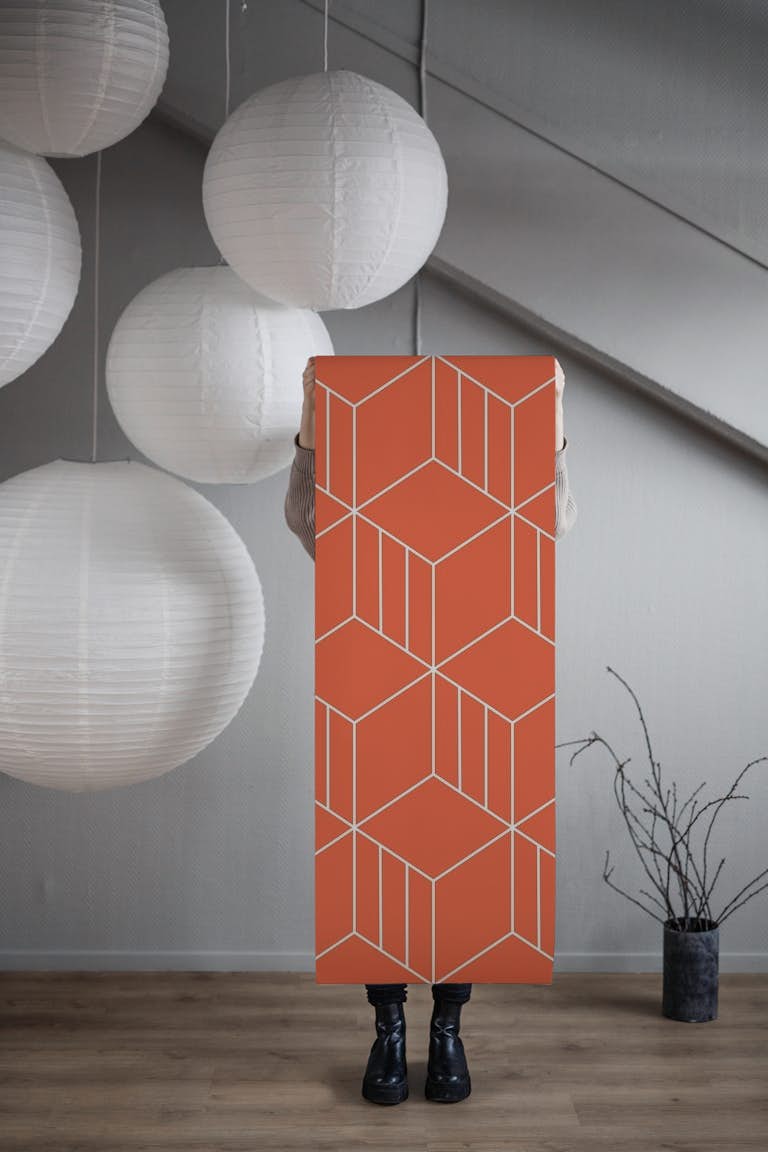 Orange retro mod vintage cubes wallpaper roll