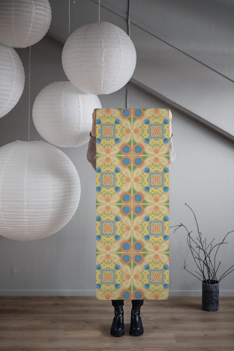 Folk Quilt on Yellow wallpaper roll