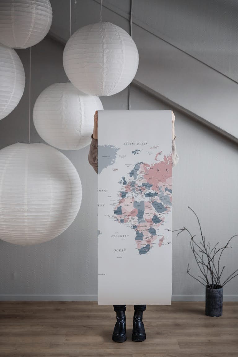 World Map in Pink and Blue papel de parede roll