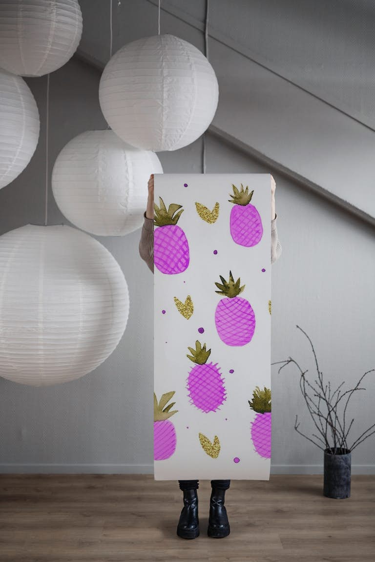 Watercolor magenta pineapples papel pintado roll