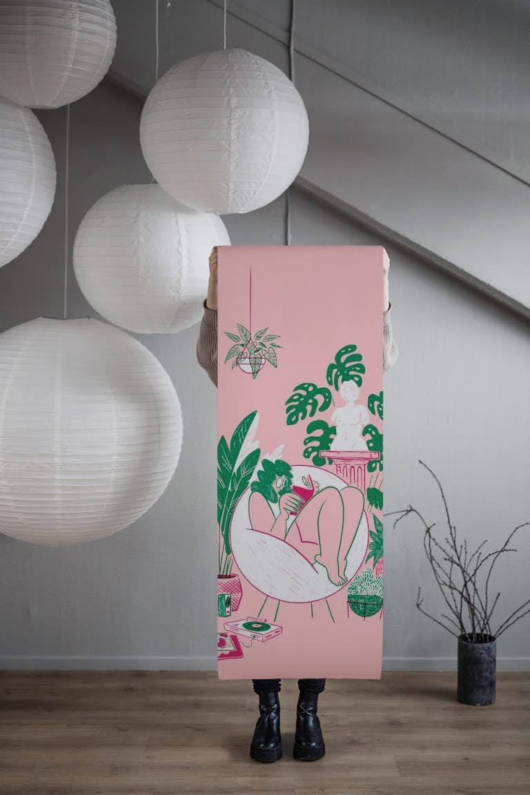 Plant Lover Girl on Blush Pink wallpaper roll