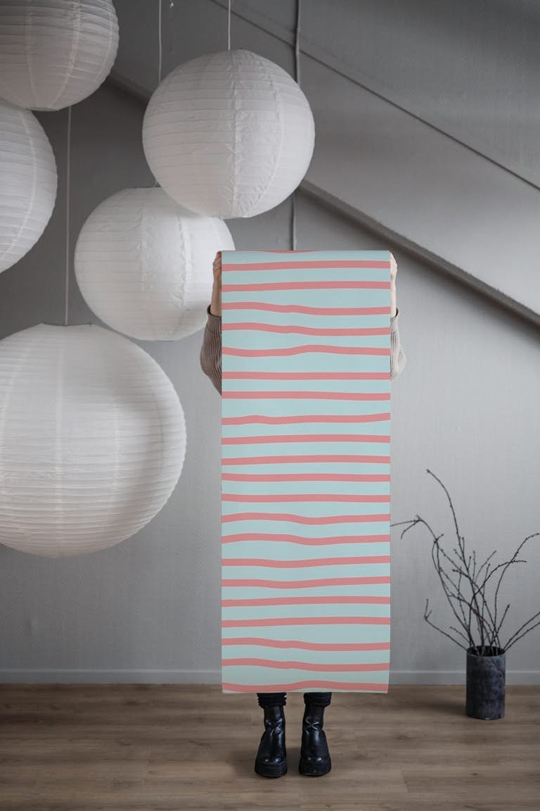 Coral And Blue Stripes behang roll