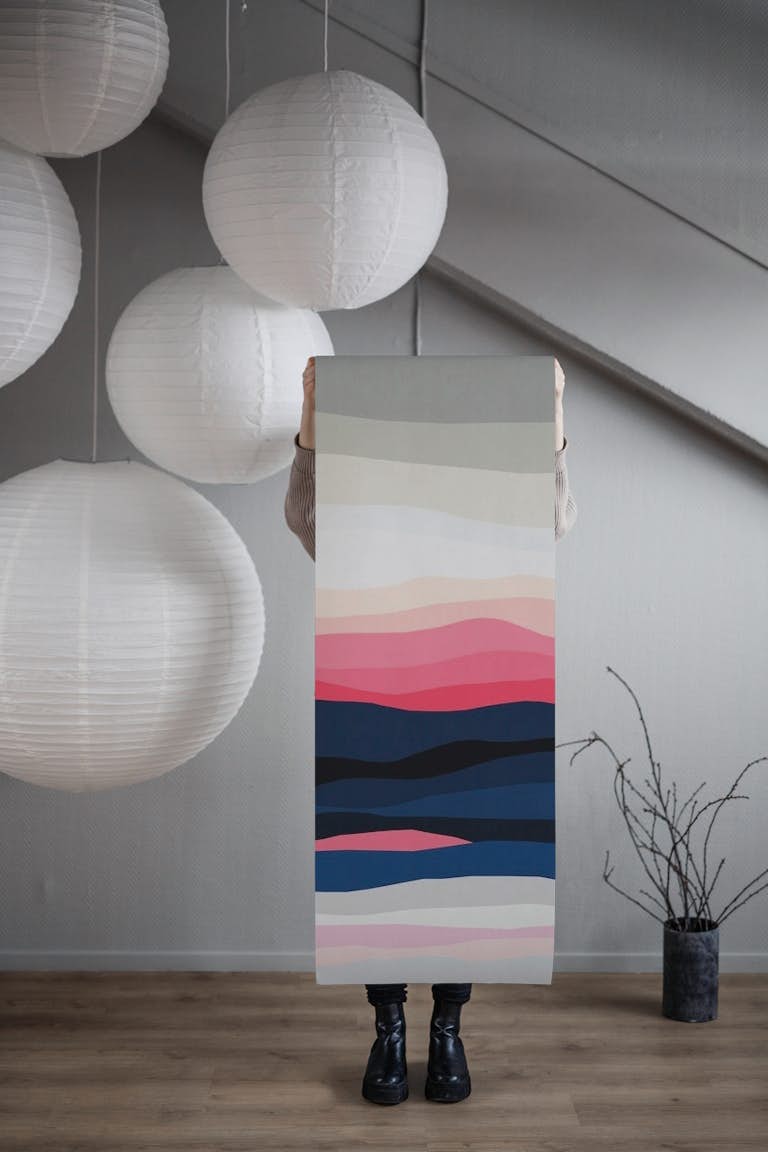 Pink and blue mountains behang roll