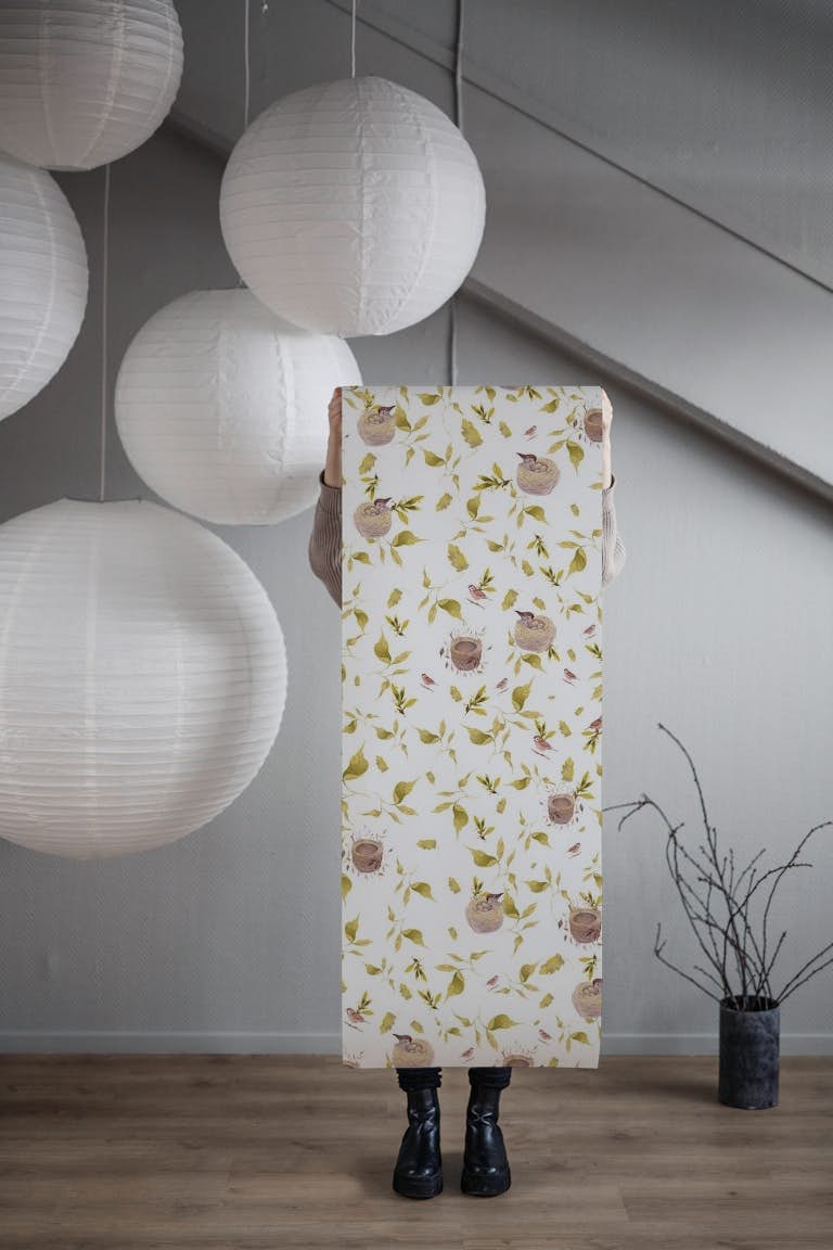 Birds and nests with plants papiers peint roll