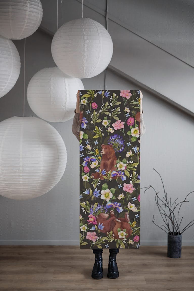 Bears in flowers wallpaper roll