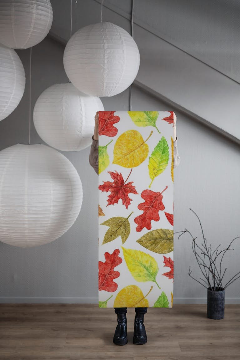 Autumn leaves watercolor white wallpaper roll