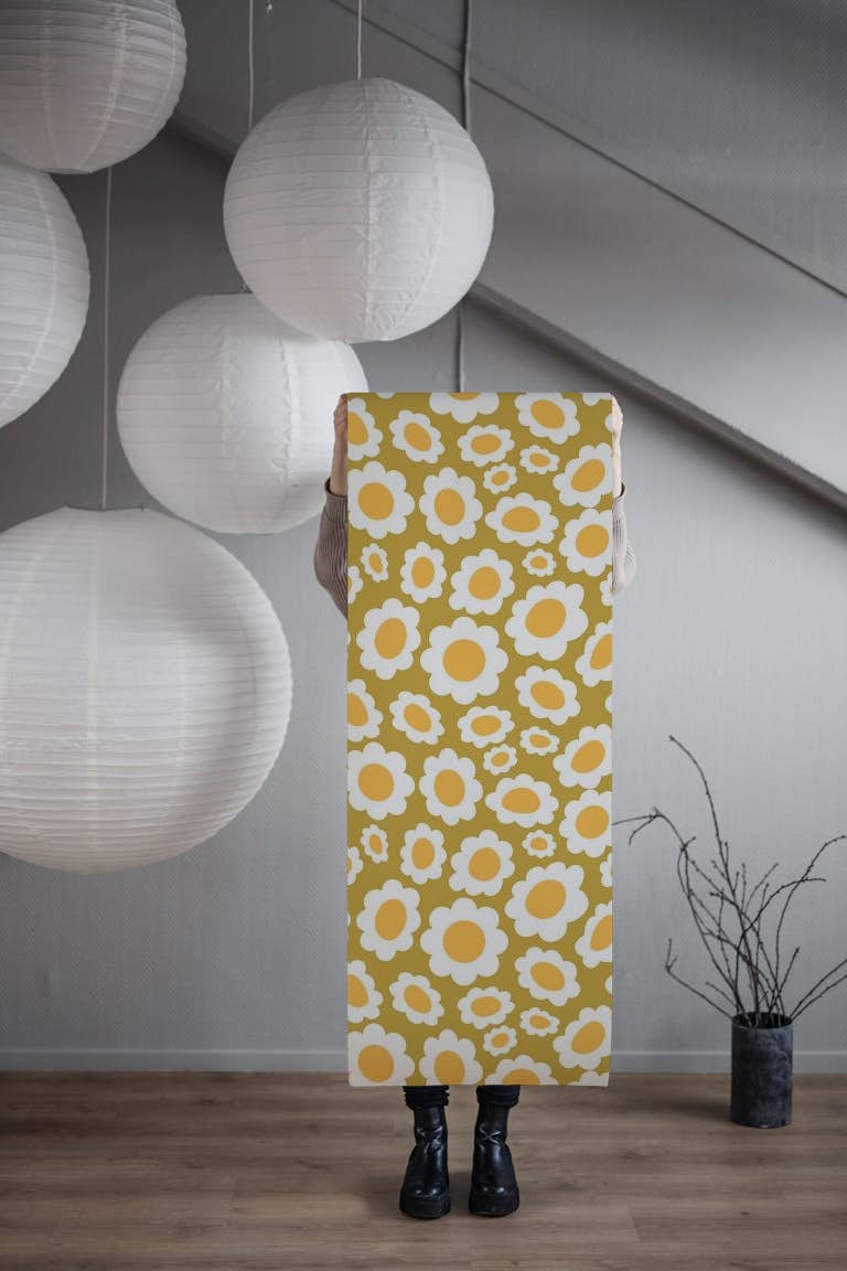 Distort Daisies on Green wallpaper roll