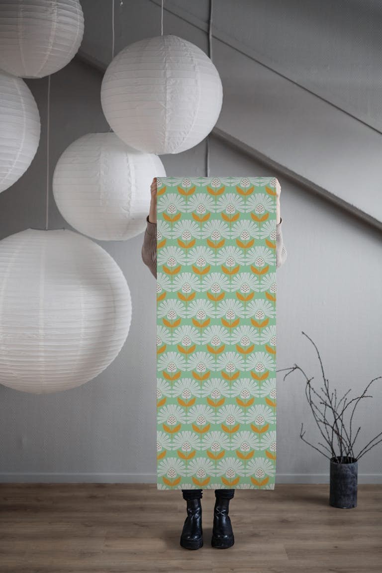 Mid century flowers teal tapety roll