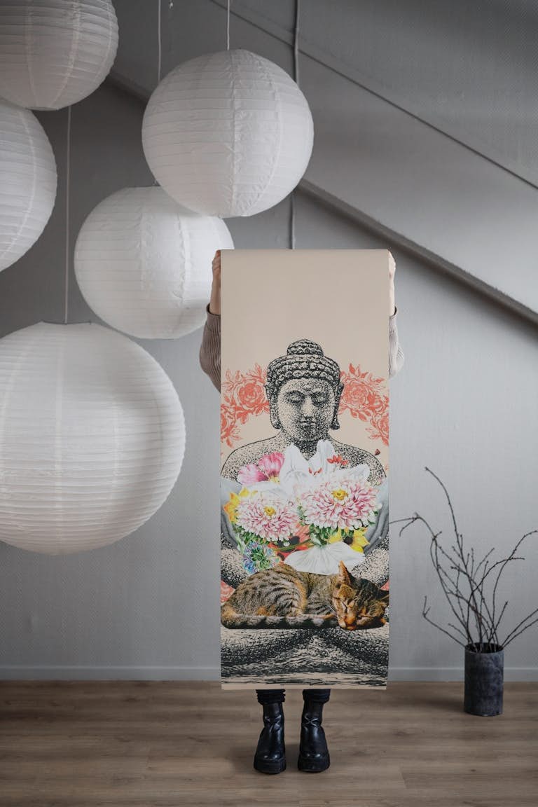Flower Buddha with Cat papiers peint roll
