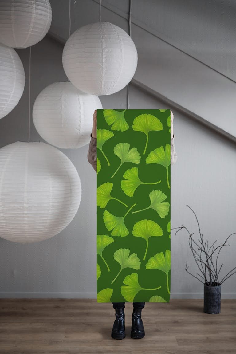 Ginkgo leaves on dark green wallpaper roll