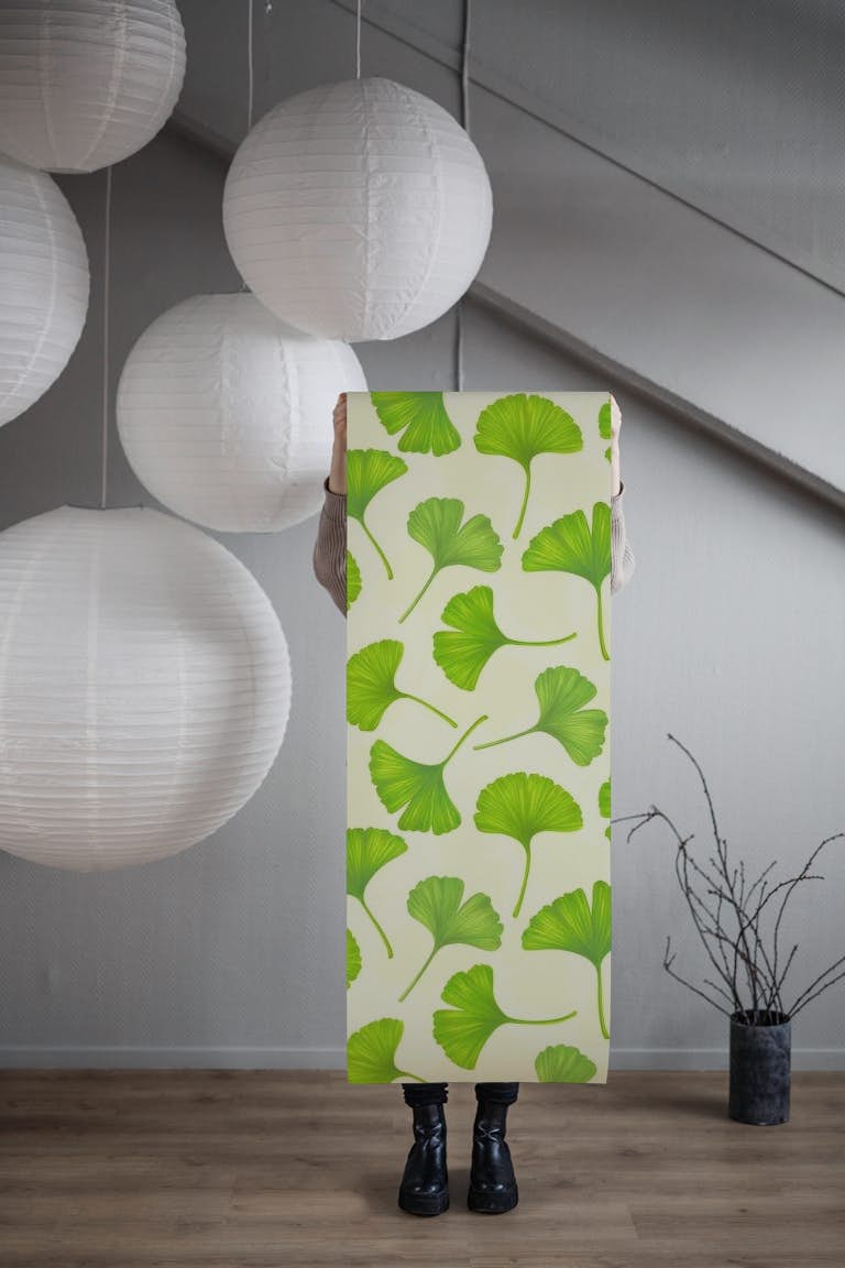 Ginkgo leaves on off white wallpaper roll