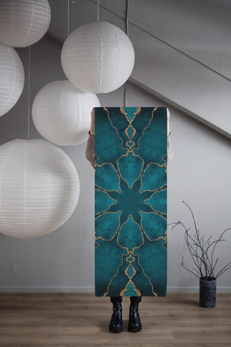 Turquoise Gold Mandala wallpaper roll