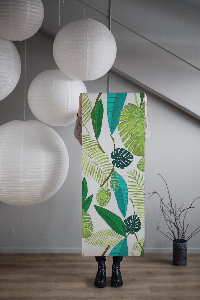 Tropical green leaves pattern wallpaper roll