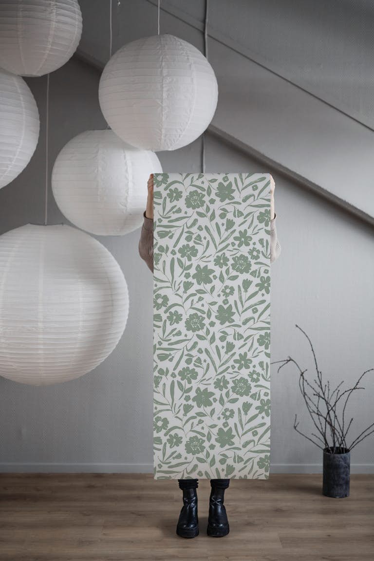 Green monochrome garden B wallpaper roll