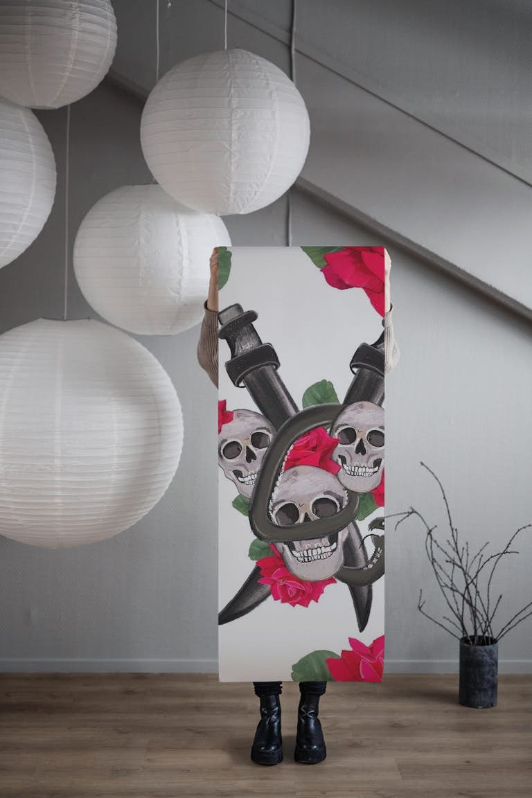 Skull With Red Roses White behang roll