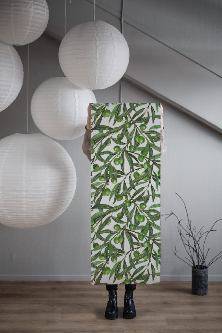 Olive branches on off white behang roll