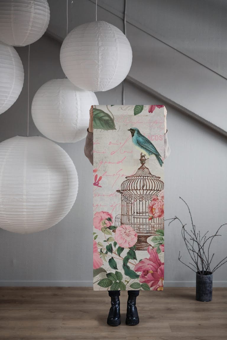Birds And Flowers Vintage Art wallpaper roll