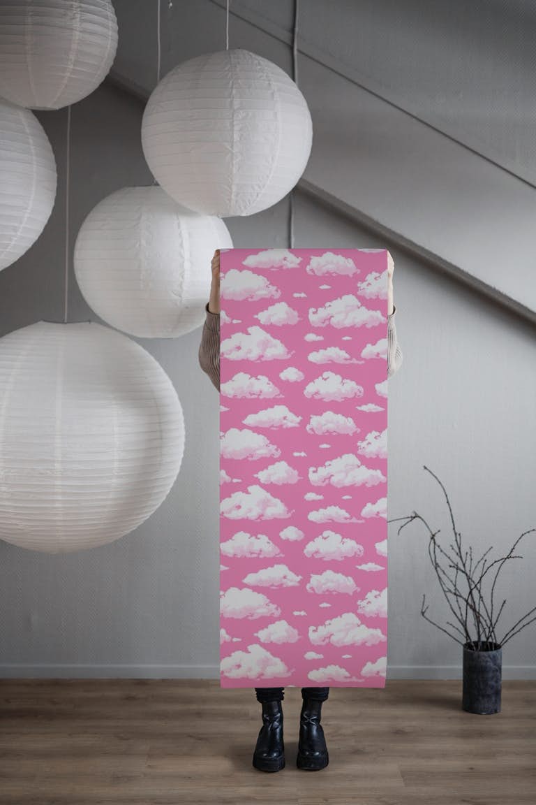 Cloudy sky on pink behang roll