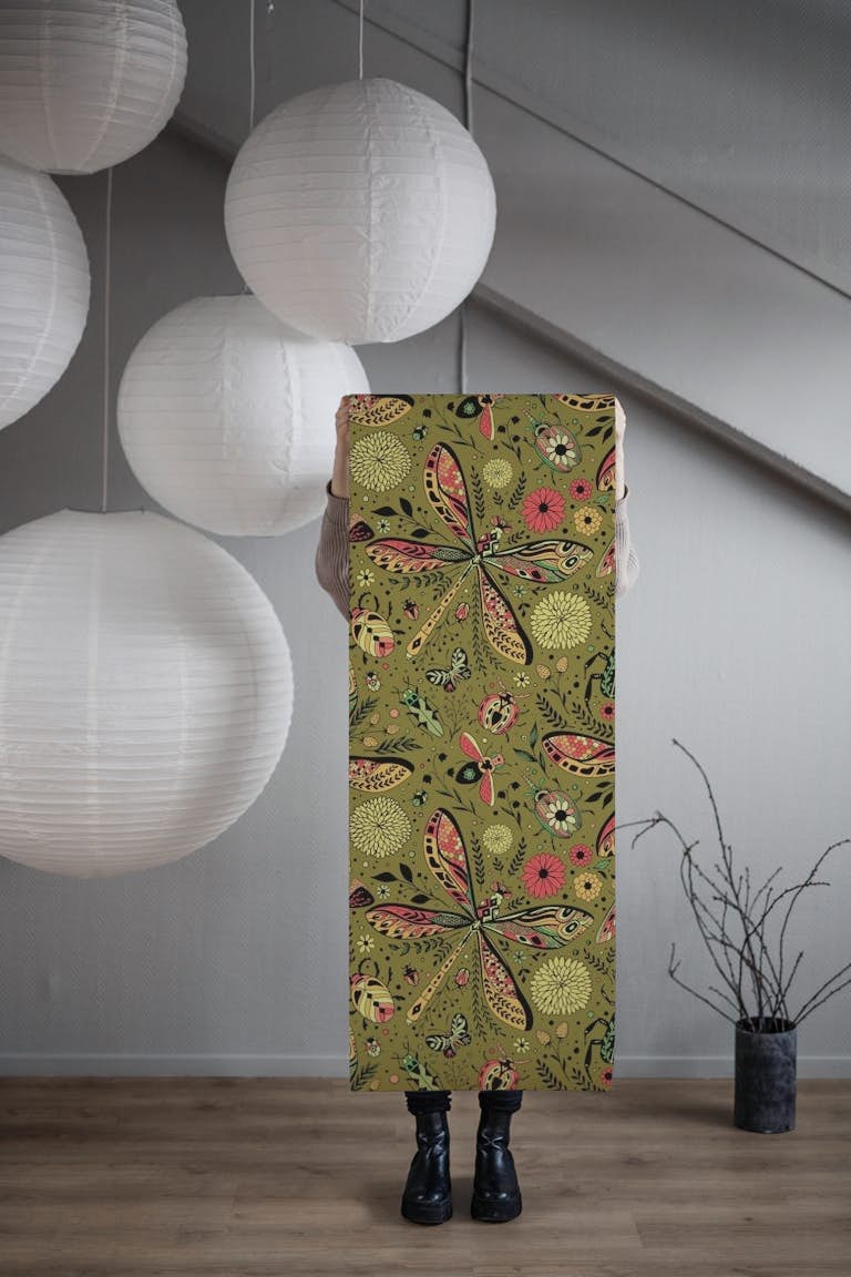 Doodle bugs on moss green wallpaper roll