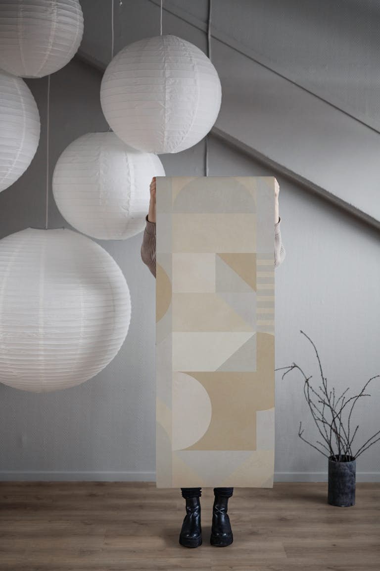 Beige mid century geometric wallpaper roll