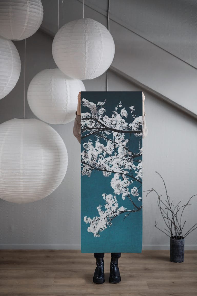 White Flower Tree on Teal wallpaper roll