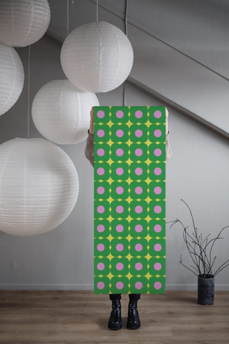 Retro Green Geometric Flowers wallpaper roll
