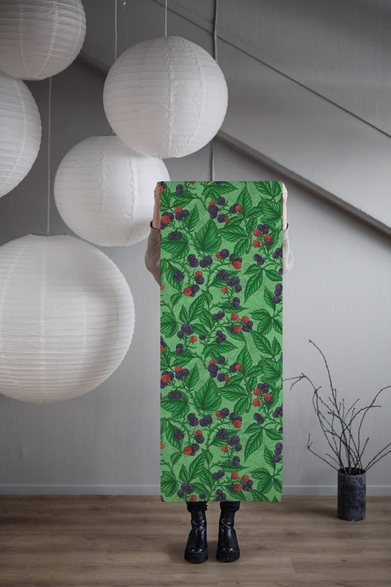 Blackberries on green wallpaper roll