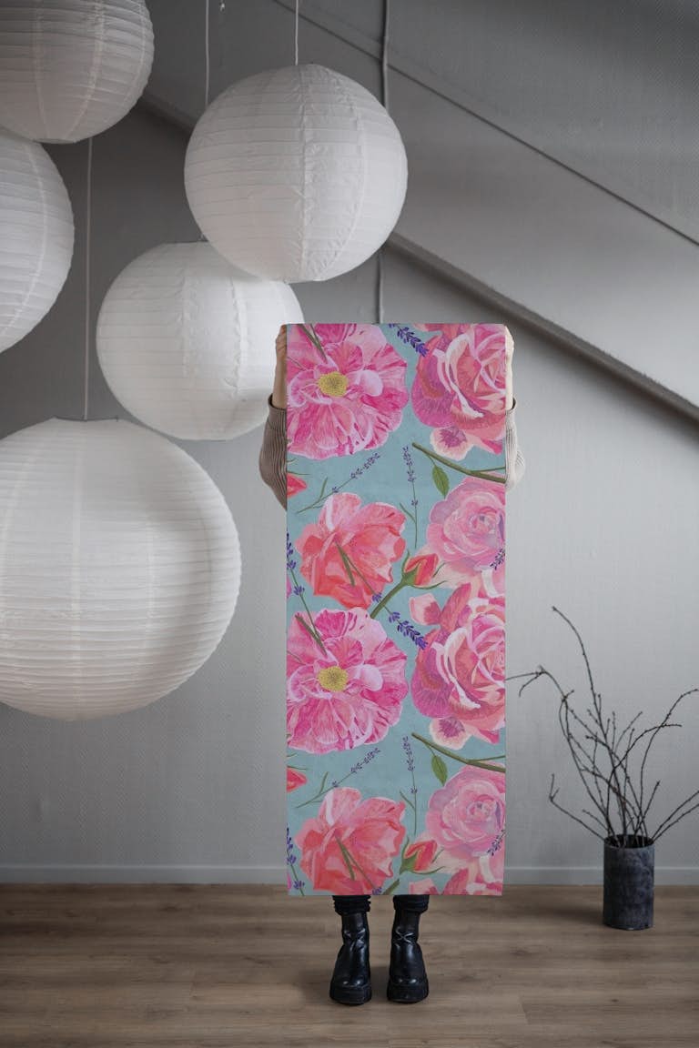 Wild roses - on teal behang roll