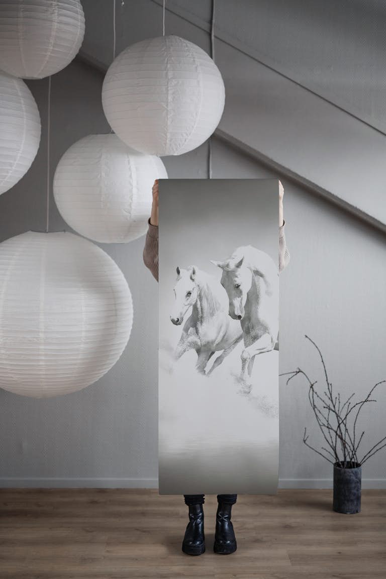 White horses running wallpaper roll