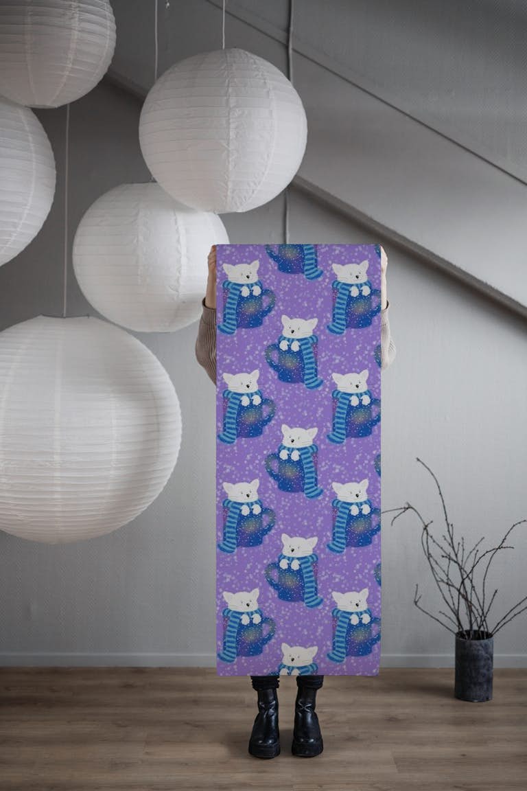 Cat in a cup on purple wallpaper roll