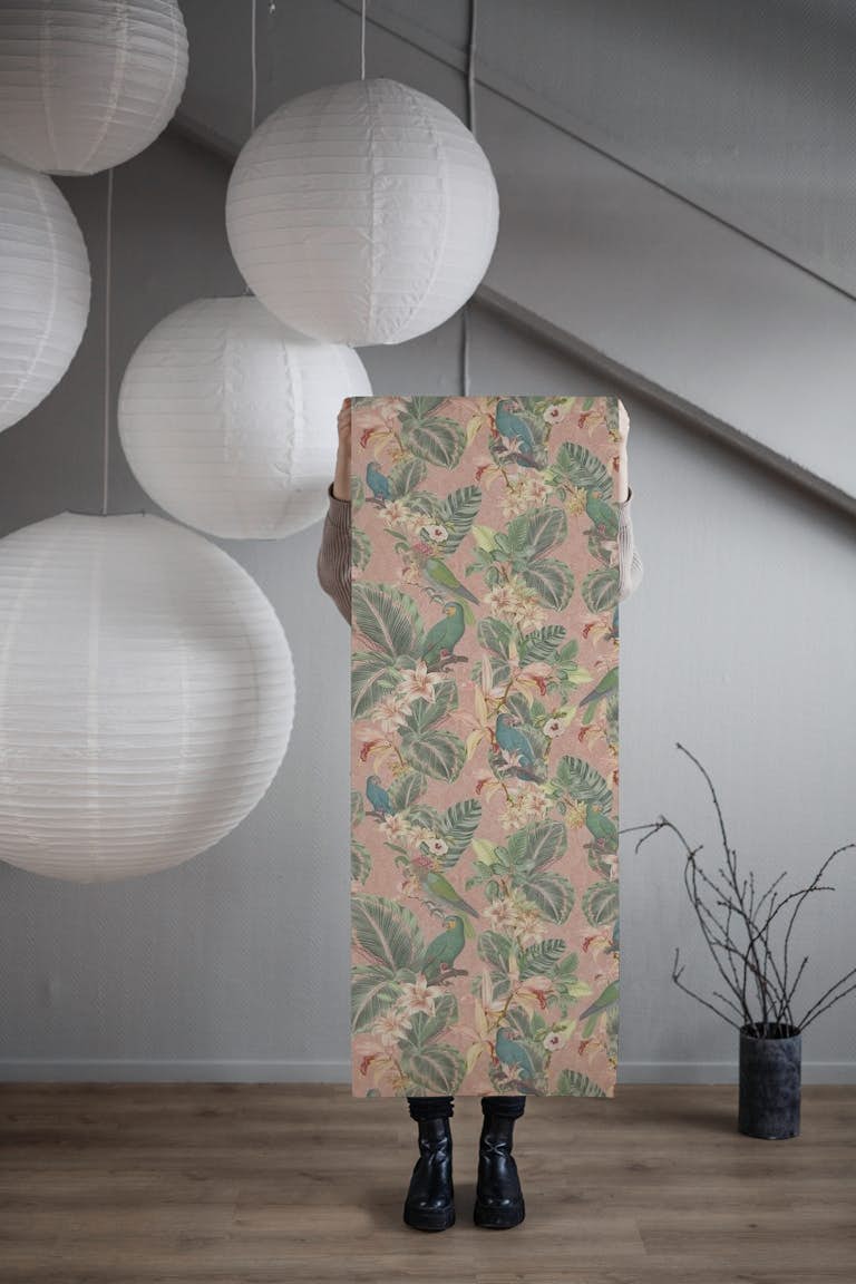 Tropical Jungle birds blush wallpaper roll
