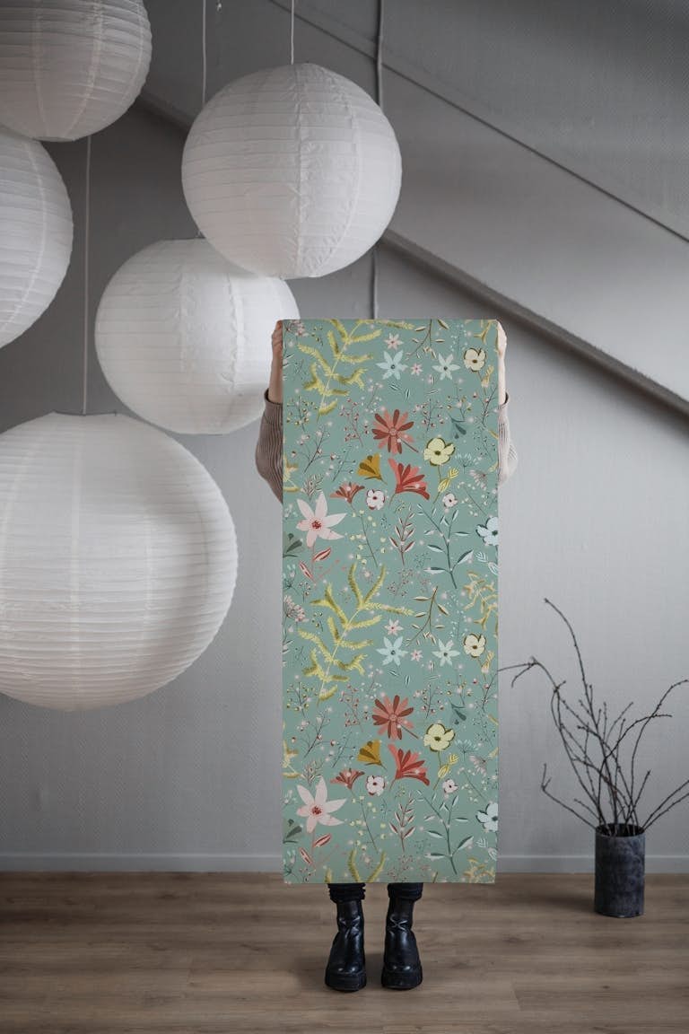 Fireflies garden teal wallpaper roll