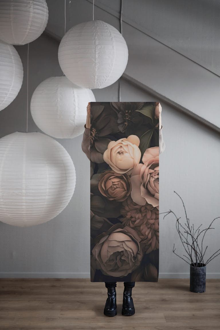 Opulent Baroque Flowers Moody Botanical Art Blush And Brown behang roll