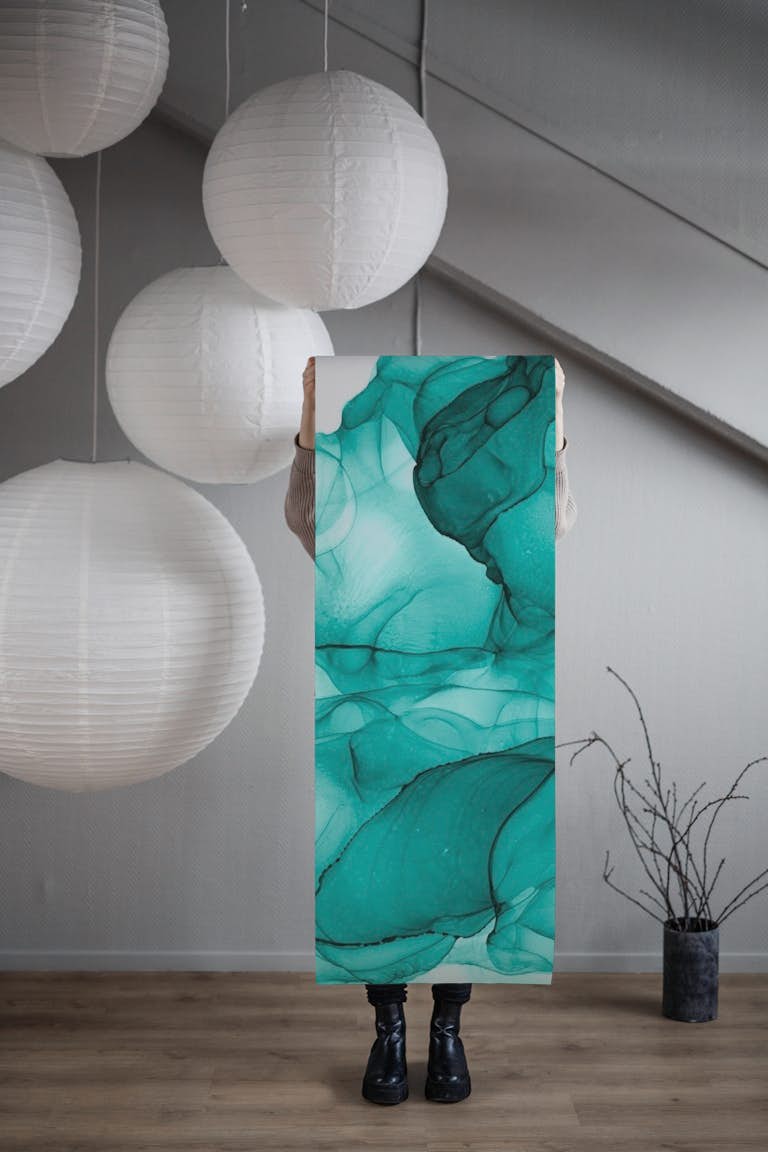 Turquoise marble ink behang roll