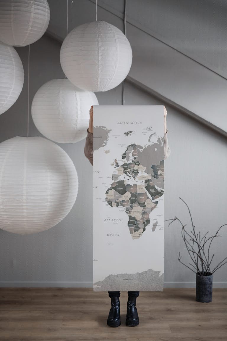 Map of the World Muted Tones wallpaper roll