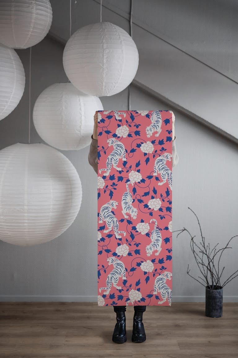 Chinese Tigers and Flowers in Coral Pink, White and Navy Blue wallpaper roll