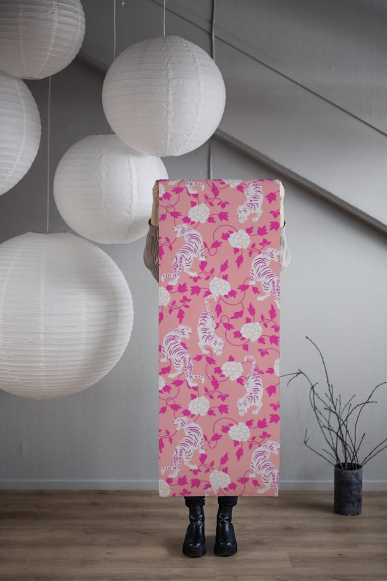 Chinese Tigers and Flowers in Blush and Magenta Hot Pink tapety roll