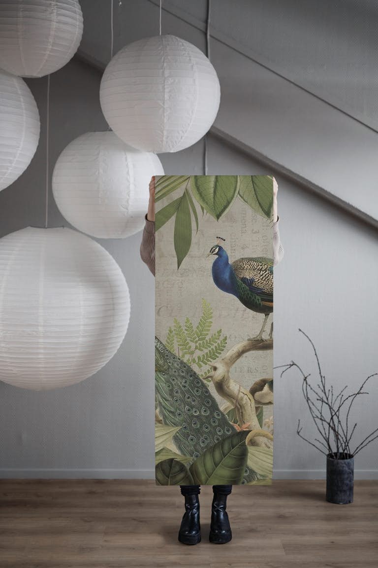 Majestic Peafowls In The Jungle And Vintage Typography behang roll