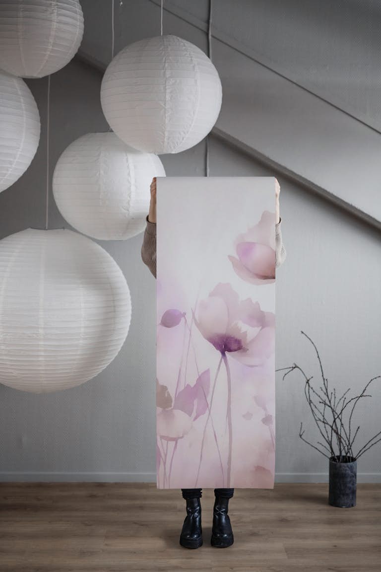 Ethereal Meadow Watercolor Flowers Pastel Pink papel de parede roll