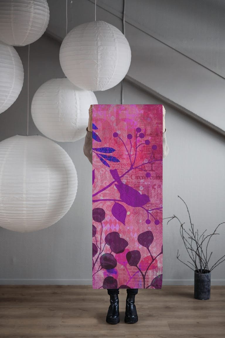 Whimsy Bird Garden Dreamy Mixed Media Art Pink tapetit roll