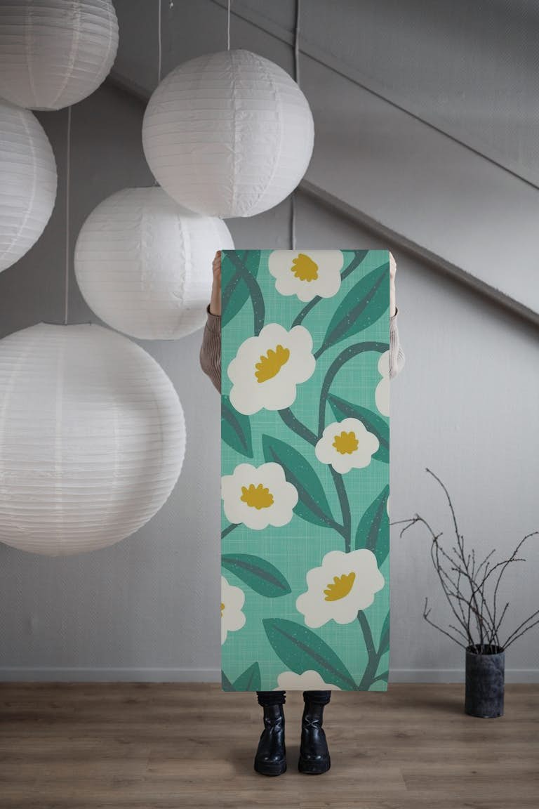 Summer Blossom Teal wallpaper roll