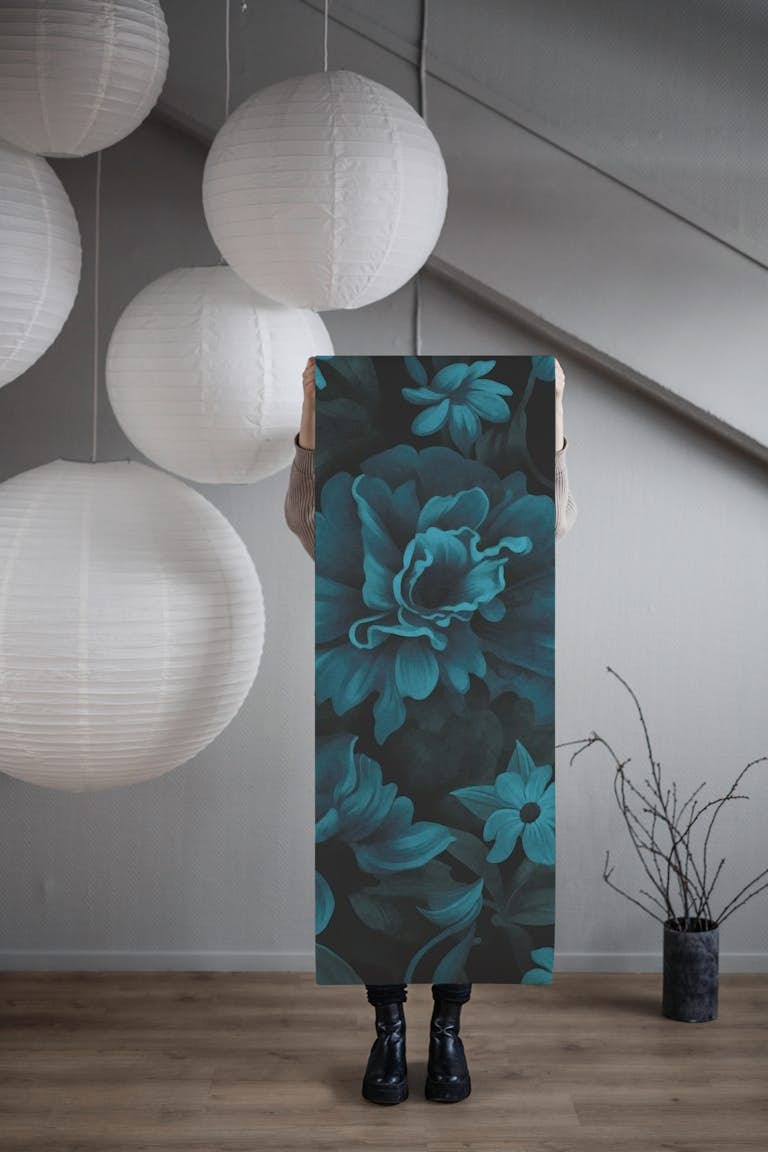 Velveteen Opulent Dark Moody Flower Teal Blue wallpaper roll