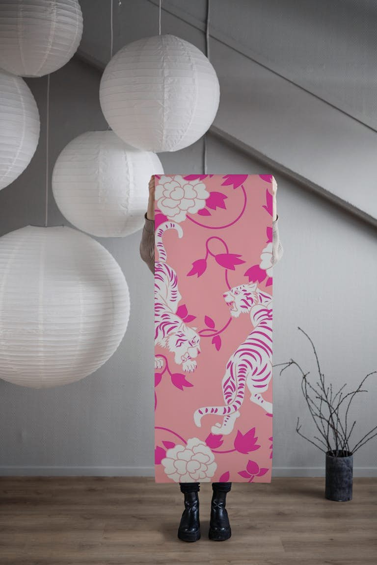 Vintage Chinese Pink Tigers Mural tapetit roll