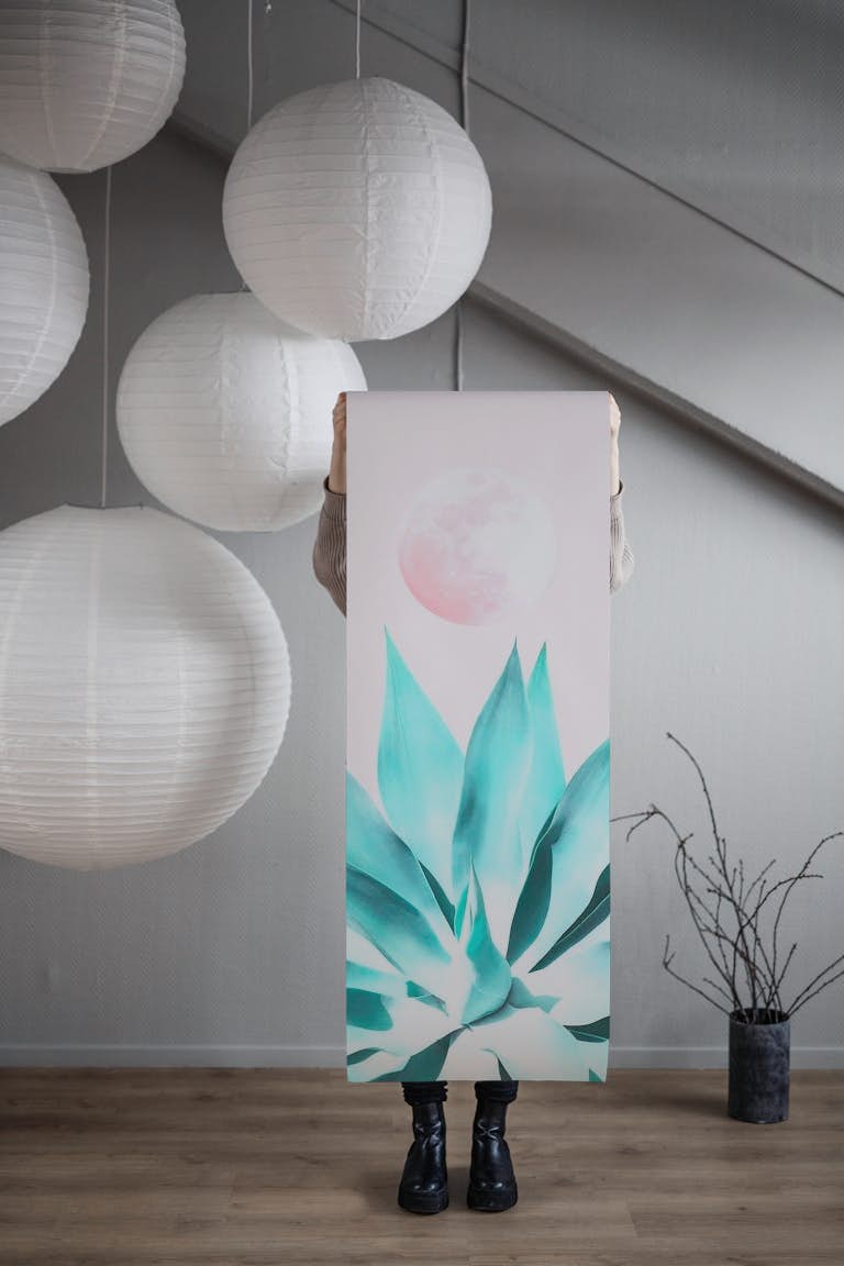 Solar Agave on Full Moon • aqua pink MURAL wallpaper roll