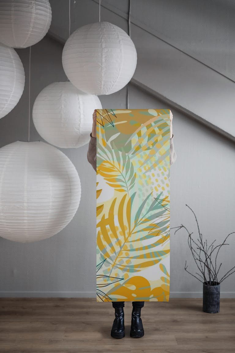 Modern Boho Tropical Garden 1. Mustard Teal wallpaper roll