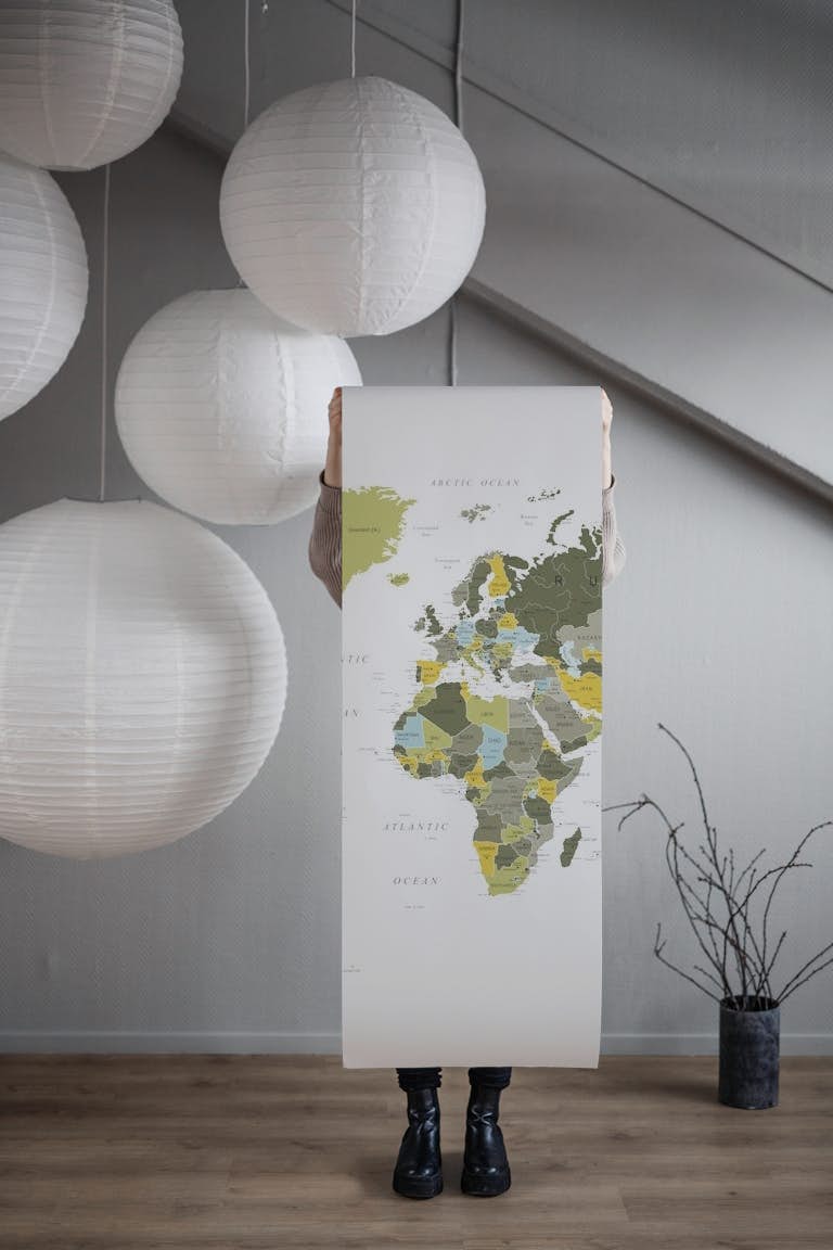 World Map Khaki Green behang roll