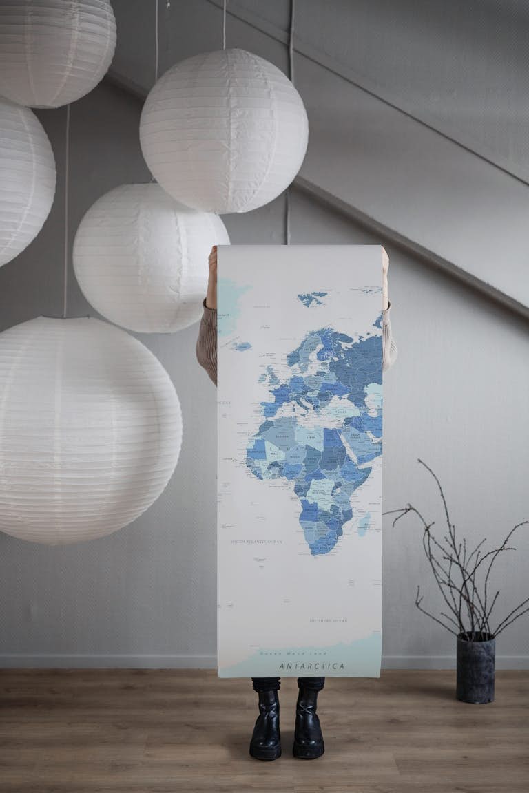 Highly Detailed World Map in Blue tapetit roll