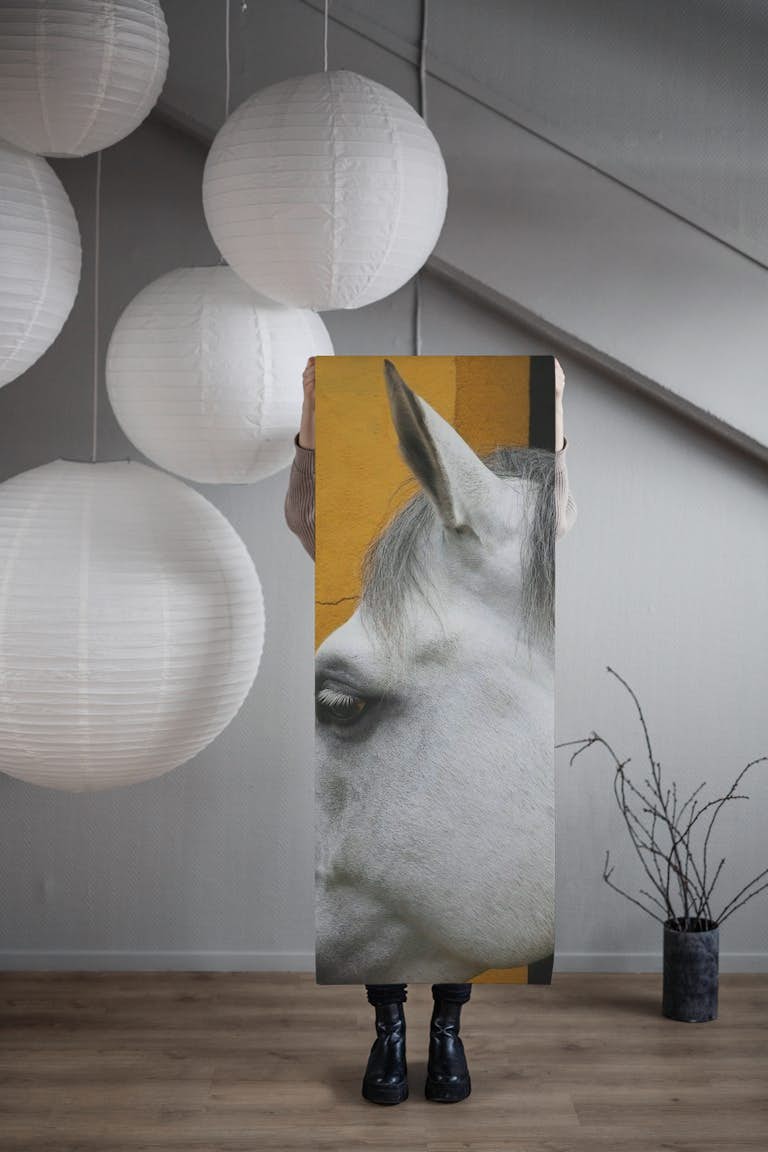 Horse White on Mustard Yellow papel de parede roll